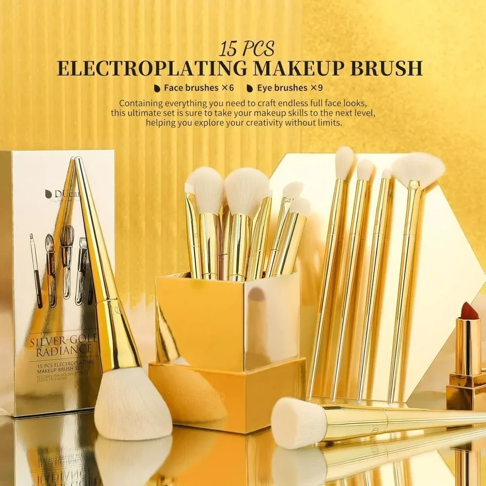 DUcare Christmas 15Pcs Gold-Silver Premium Synthetic Makeup Brushes With Holder